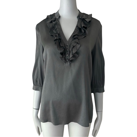 Thomas Pink Tops - THOMAS PINK Silk Ruffle Neck Blouse Gray V- Neck 3/4 Sleeve Size 6